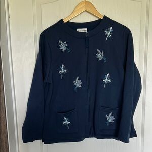 Breckenridge Navy Blue Flowered Embroidered Zip-Up Jacket PL